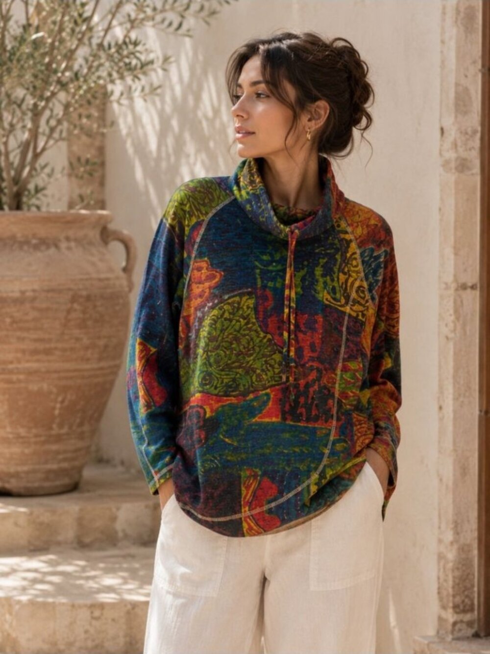 Funsport Tunic Sweater Multicolor Patch Printes Boho Artsy Festival Chic Medium